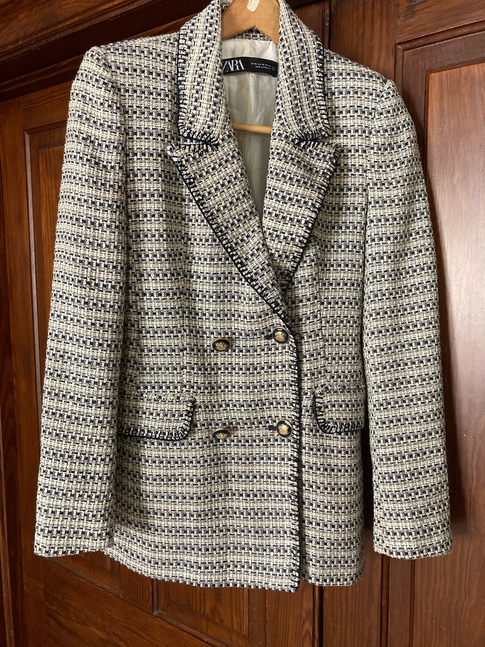 Zara Navy & Cream Textured Double-Breasted Blazer XS